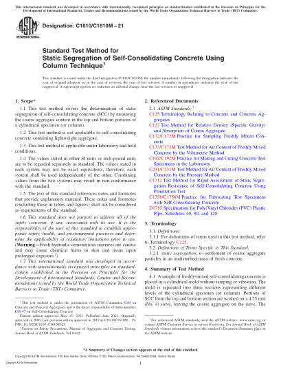 ASTM C1610/C1610M-2021Standard Test Method for Static Segregation of Self-Consolidating Concrete Using Column Technique