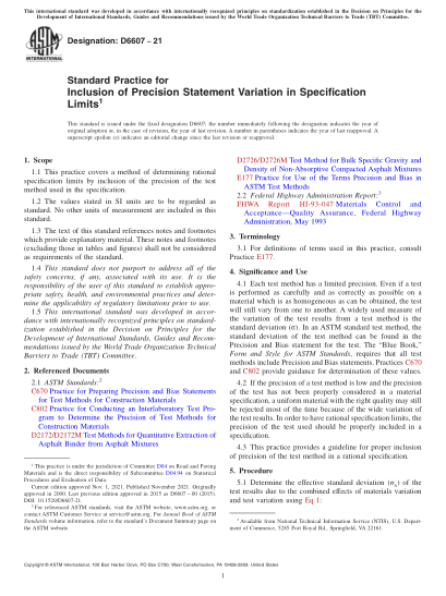 ASTM D6607-2021Standard Practice for Inclusion of Precision Statement Variation in Specification Limits