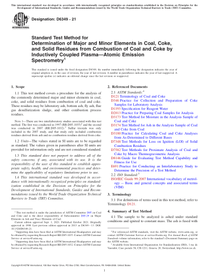 ASTM D6349-2021Standard Test Method for Determination of Major and Minor Elements in Coal, Coke, and Solid Residues from Combustion of Coal and Coke by Inductively Coupled Plasma—Atomic Emission Spectrometry