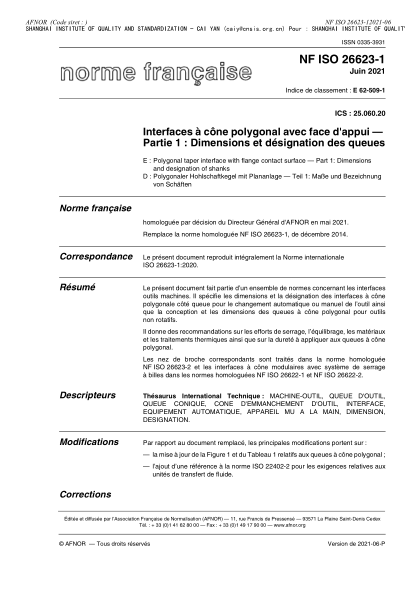 NF ISO 26623-1-2021Polygonal taper interface with flange contact surface - Part 1 : dimensions and designation of shanks