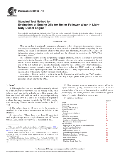 ASTM D5966-2013評定輕型柴油機(jī)中滾子從動件磨損用發(fā)動機(jī)油的試驗方法Standard Test Method for Evaluation of Engine Oils for Roller Follower Wear in Light-Duty Diesel Engine