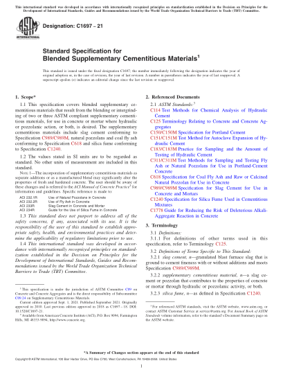 ASTM C1697-2021Standard Specification for Blended Supplementary Cementitious Materials