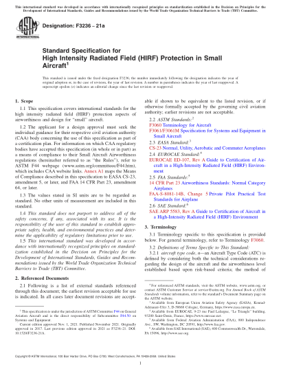 ASTM F3236-2021aStandard Specification for High Intensity Radiated Field (HIRF) Protection in Small Aircraft