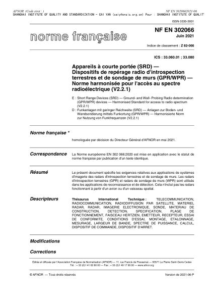 NF Z82-066-2021Short Range Devices (SRD) - Ground- and Wall- Probing Radio determination (GPR/WPR) devices - Harmonised Standard for access to radio spectrum (V2.2.1)