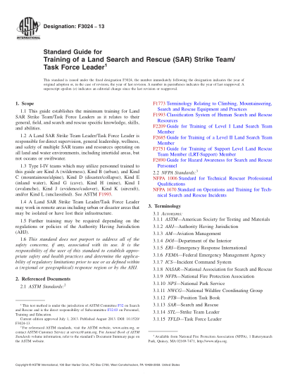ASTM F3024-2013陸地搜救隊/工作組負(fù)責(zé)人培訓(xùn)指南Standard Guide for Training of a Land Search and Rescue (SAR) Strike Team/ Task Force Leader