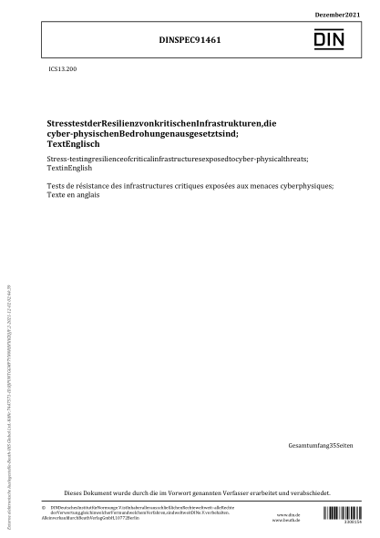 DIN SPEC 91461-2021Stress-testing resilience of critical infrastructures exposed to cyber-physical threats; Text in English