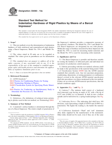 ASTM D2583-2013a用巴科爾壓痕器測定硬質(zhì)塑料壓痕硬度的試驗方法Standard Test Method for Indentation Hardness of Rigid Plastics by Means of a Barcol Impressor
