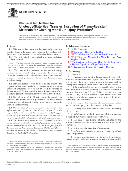 ASTM F2703-2021Standard Test Method for Unsteady-State Heat Transfer Evaluation of Flame-Resistant Materials for Clothing with Burn Injury Prediction
