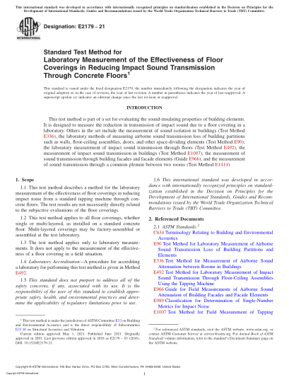 ASTM E2179-2021Standard Test Method for Laboratory Measurement of the Effectiveness of Floor Coverings in Reducing Impact Sound Transmission Through Concrete Floors