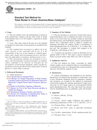 ASTM D4481-2021Standard Test Method for Total Nickel in Fresh Alumina-Base Catalysts