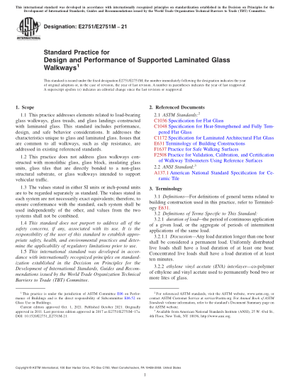 ASTM E2751/E2751M-2021Standard Practice for Design and Performance of Supported Laminated Glass Walkways
