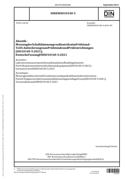 DIN EN ISO 10140-5-2021Acoustics - Laboratory measurement of sound insulation of building elements - Part 5: Requirements for test facilities and equipment (ISO 10140-5:2021); German version EN ISO 10140-5:2021