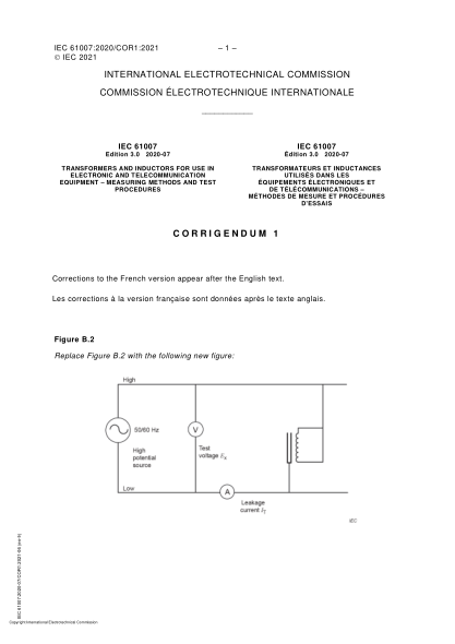 IEC 61007-2020/Cor 1-2021Corrigendum 1 - Transformers and inductors for use in electronic and telecommunication equipment - Measuring methods and test procedures