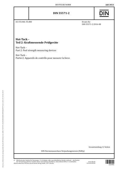 DIN 55571-2-2021Hot-Tack - Part 2: Peel strength measuring devices