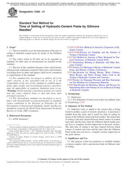 ASTM C266-2021Standard Test Method for Time of Setting of Hydraulic-Cement Paste by Gillmore Needles
