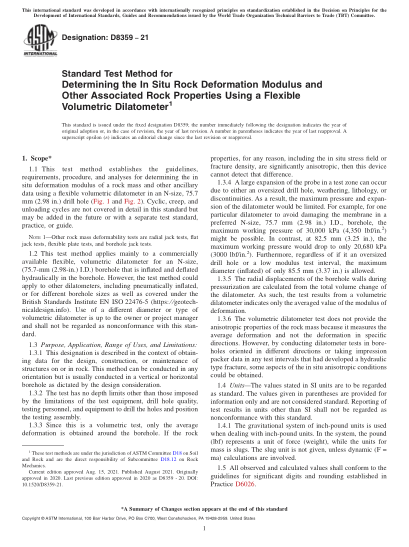 ASTM D8359-2021Standard Test Method for Determining the In Situ Rock Deformation Modulus and Other Associated Rock Properties Using a Flexible Volumetric Dilatometer