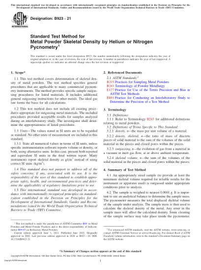 ASTM B923-2021Standard Test Method for Metal Powder Skeletal Density by Helium or Nitrogen Pycnometry
