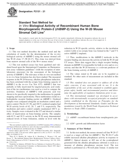 ASTM F2131-2021Standard Test Method for  In Vitro Biological Activity of Recombinant Human Bone Morphogenetic Protein-2 (rhBMP-2) Using the W-20 Mouse Stromal Cell Line