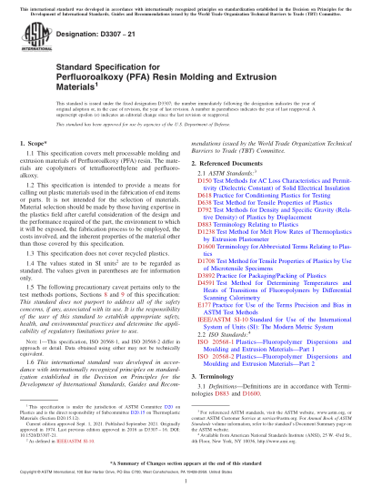 ASTM D3307-2021Standard Specification for Perfluoroalkoxy (PFA) Resin Molding and Extrusion Materials