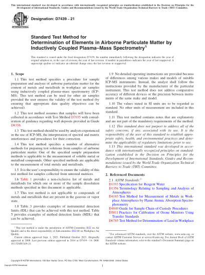 ASTM D7439-2021Standard Test Method for Determination of Elements in Airborne Particulate Matter by Inductively Coupled Plasma–Mass Spectrometry