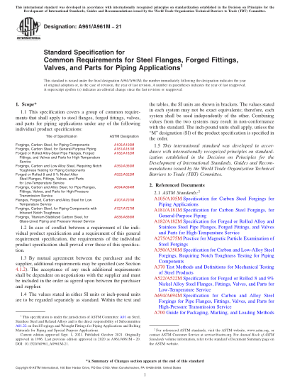 ASTM A961/A961M-2021Standard Specification for Common Requirements for Steel Flanges, Forged Fittings, Valves, and Parts for Piping Applications