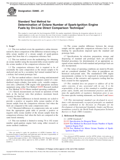 ASTM D2885-2021Standard Test Method for Determination of Octane Number of Spark-Ignition Engine Fuels by On-Line Direct Comparison Technique
