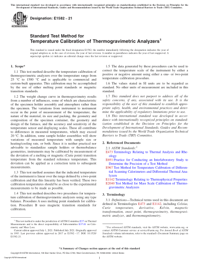 ASTM E1582-2021Standard Test Method for Temperature Calibration of Thermogravimetric Analyzers