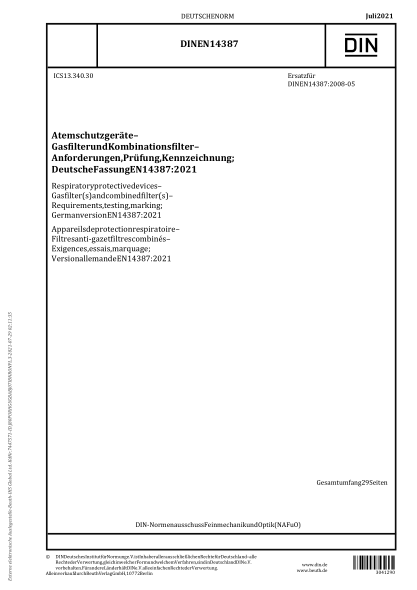 DIN EN 14387-2021Respiratory protective devices - Gas filter(s) and combined filter(s) - Requirements, testing, marking; German version EN 14387:2021