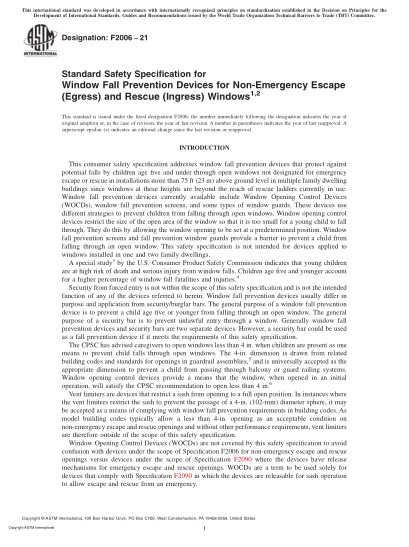 ASTM F2006-2021Standard Safety Specification for Window Fall Prevention Devices for Non-Emergency Escape (Egress) and Rescue (Ingress) Windows