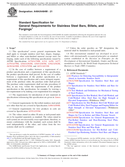 ASTM A484/A484M-2021Standard Specification for General Requirements for Stainless Steel Bars, Billets, and Forgings