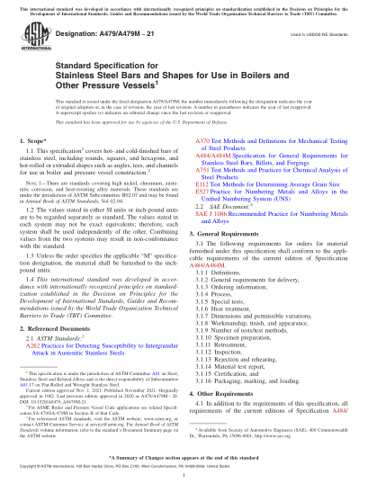 ASTM A479/A479M-2021Standard Specification for Stainless Steel Bars and Shapes for Use in Boilers and Other Pressure Vessels