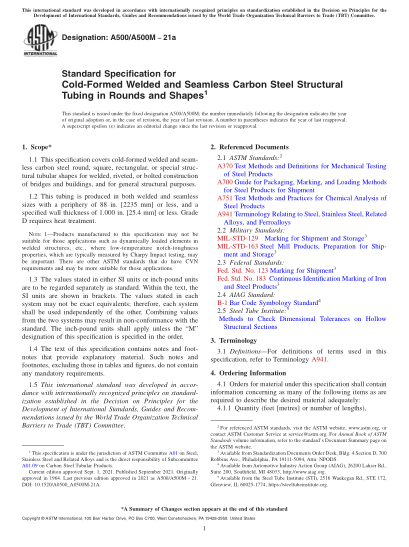 ASTM A500/A500M-2021aStandard Specification for Cold-Formed Welded and Seamless Carbon Steel Structural Tubing in Rounds and Shapes
