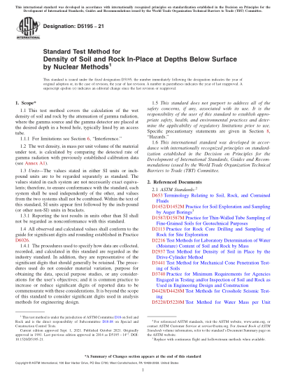 ASTM D5195-2021Standard Test Method for Density of Soil and Rock In-Place at Depths Below Surface by Nuclear Methods