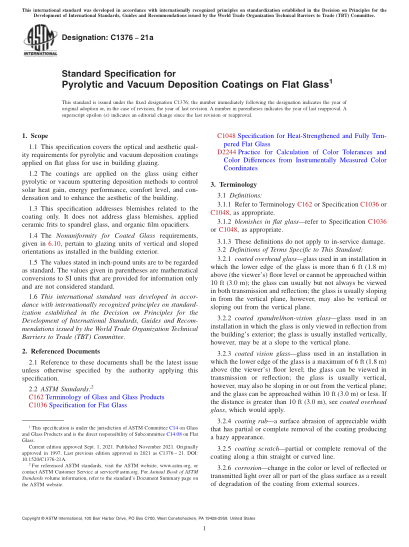 ASTM C1376-2021aStandard Specification for Pyrolytic and Vacuum Deposition Coatings on Flat Glass
