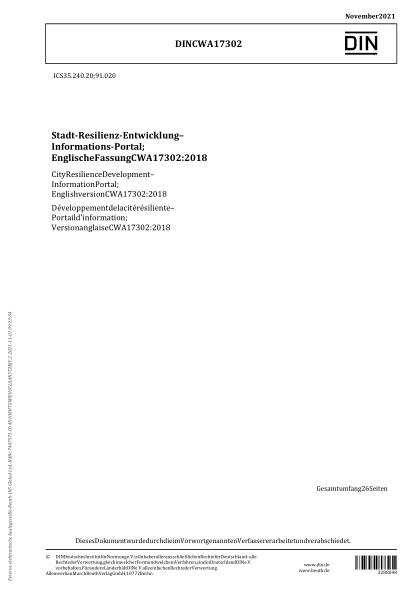 DIN CWA 17302-2021City Resilience Development - Information Portal; English version CWA 17302:2018