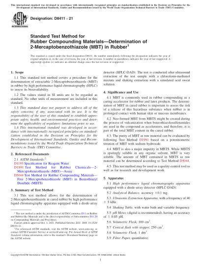 ASTM D8411-2021橡膠合成材料的標準試驗方法 橡膠中2-巰基苯并噻唑(MBT)的測定Standard Test Method for Rubber Compounding Materials—Determination of 2-Mercaptobenzothiazole (MBT) in Rubber