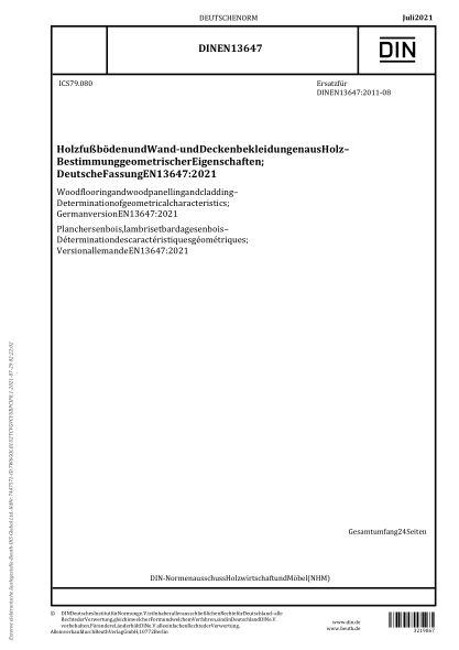 DIN EN 13647-2021Wood flooring and wood panelling and cladding - Determination of geometrical characteristics; German version EN 13647:2021