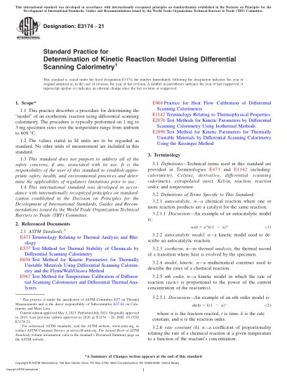 ASTM E3174-2021Standard Practice for Determination of Kinetic Reaction Model Using Differential Scanning Calorimetry