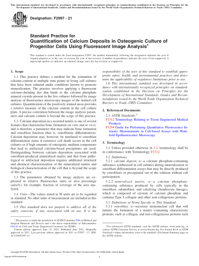 ASTM F2997-2021Standard Practice for Quantification of Calcium Deposits in Osteogenic Culture of Progenitor Cells Using Fluorescent Image Analysis