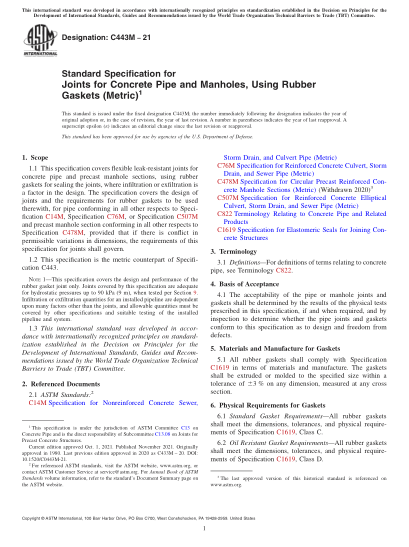 ASTM C443M-2021Standard Specification for Joints for Concrete Pipe and Manholes, Using Rubber Gaskets (Metric)