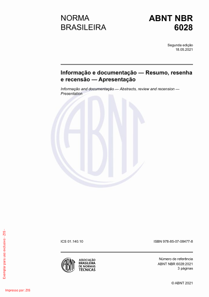 ABNT NBR 6028-2021Informa??o and documenta??o - Abstracts, review and recension - Presentation