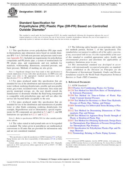 ASTM D3035-2021Standard Specification for Polyethylene (PE) Plastic Pipe (DR-PR) Based on Controlled Outside Diameter