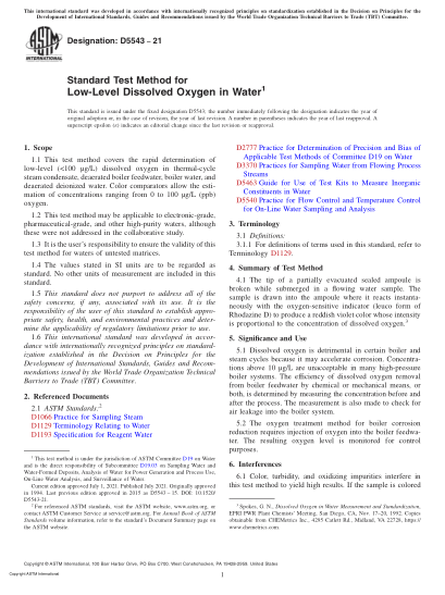 ASTM D5543-2021Standard Test Method for Low-Level Dissolved Oxygen in Water