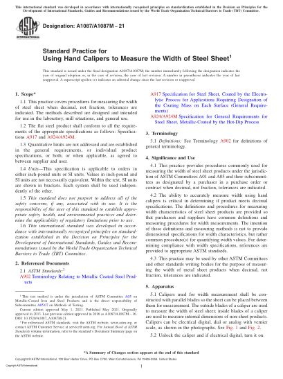 ASTM A1087/A1087M-2021Standard Practice for Using Hand Calipers to Measure the Width of Steel Sheet