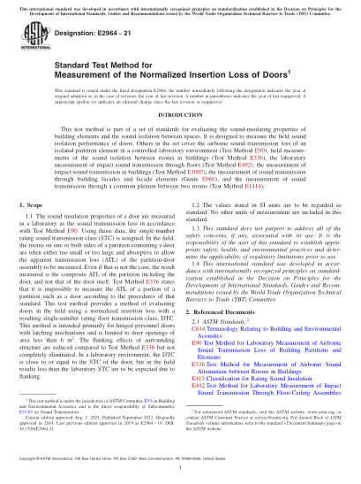 ASTM E2964-2021Standard Test Method for Measurement of the Normalized Insertion Loss of Doors