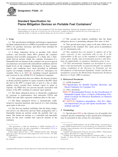 ASTM F3326-2021Standard Specification for Flame Mitigation Devices on Portable Fuel Containers