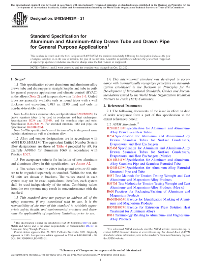 ASTM B483/B483M-2021Standard Specification for Aluminum and Aluminum-Alloy Drawn Tube and Drawn Pipe for General Purpose Applications