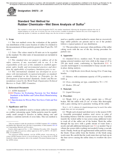 ASTM D4572-2021Standard Test Method for Rubber Chemicals—Wet Sieve Analysis of Sulfur