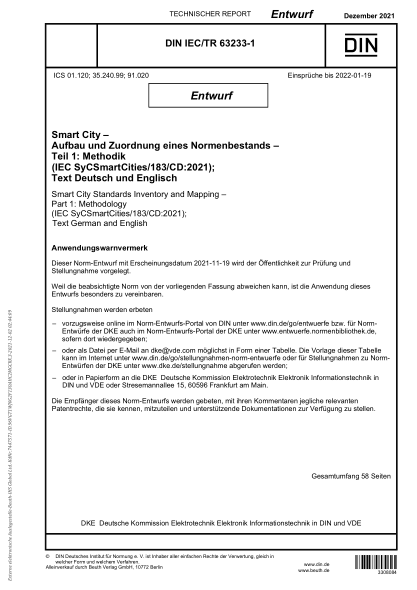 DIN IEC/TR 63233-1-2021Smart City Standards Inventory and Mapping - Part 1: Methodology (IEC SyCSmartCities/183/CD:2021); Text German and English