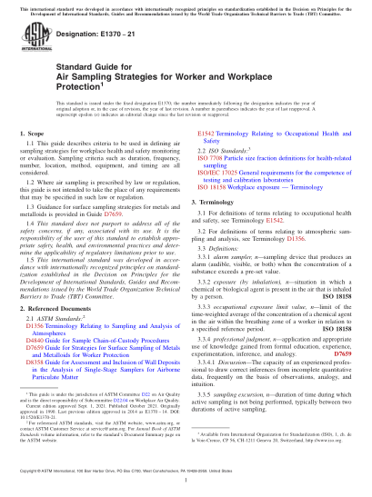 ASTM E1370-2021Standard Guide for Air Sampling Strategies for Worker and Workplace Protection